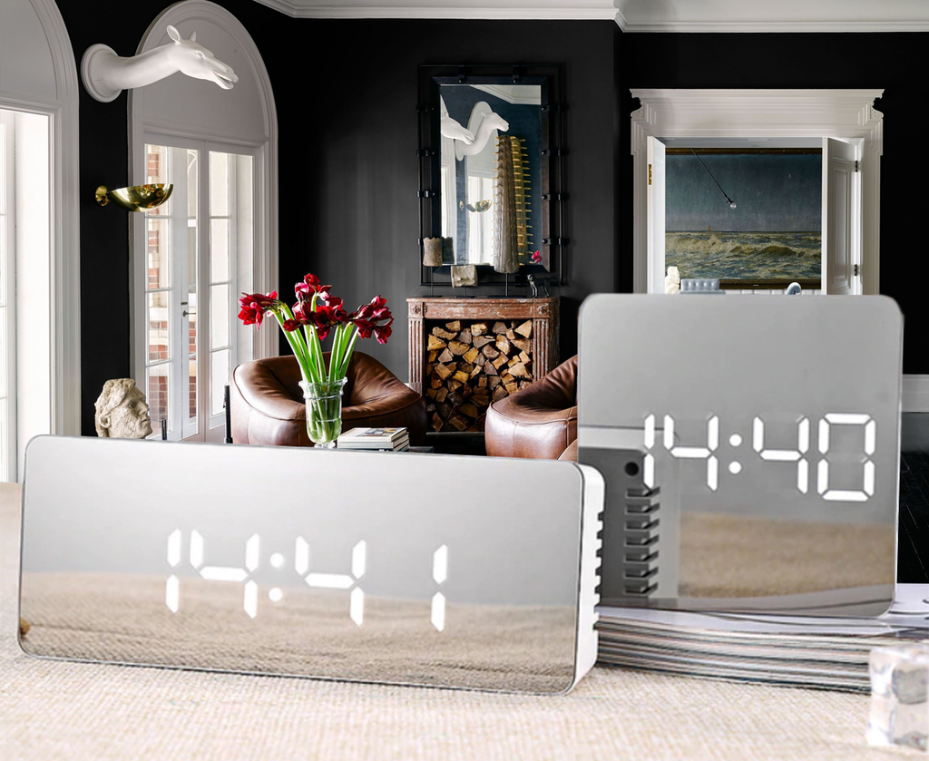 Sleek Portable Alarm Clock, Makeup Mirror and Thermometer